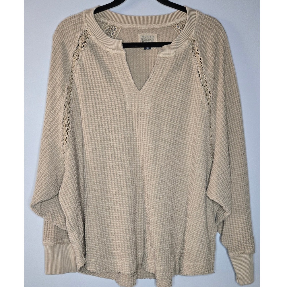 American Eagle Seriously Lived-In Waffle Knit Crochet Boho Top Small Beige